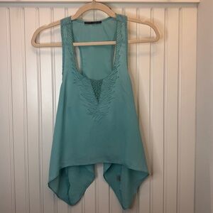 Turquoise Embroidered Bohemian V-Neck Tank Top Handkerchief-Hem Coastal Cowgirl